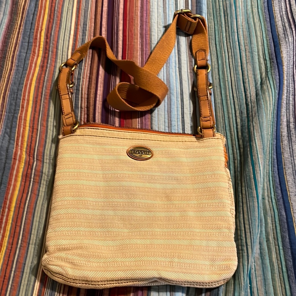 Vintage fossil canvas crossbody with suede trim